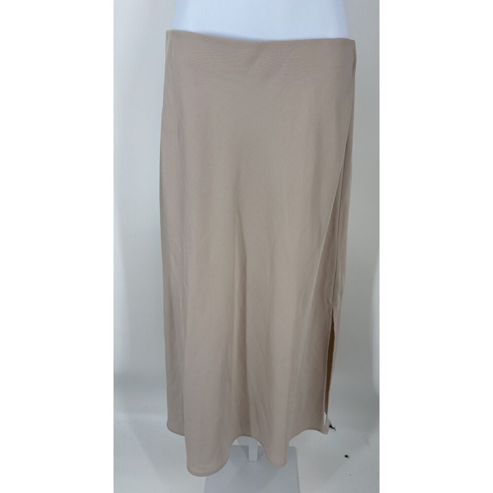 a new day Beige Midi Skirt with Side Slit | Neutral Minimalist Slip Skirt
